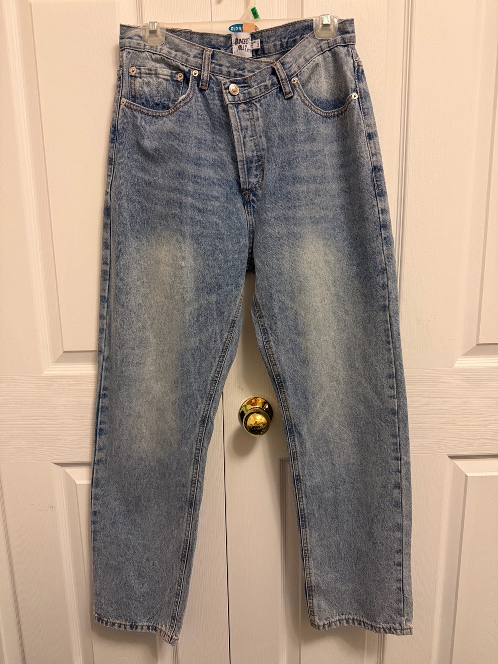 Princess Polly BP-DNM Asymmetrical Crossover Straight Leg Jeans Sz 8 Light Wash